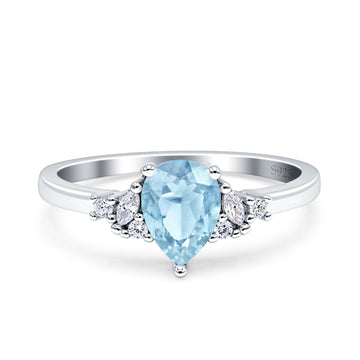 Teardrop Pear Shape Wedding Engagement Ring Simulated Aquamarine CZ 925 Sterling Silver